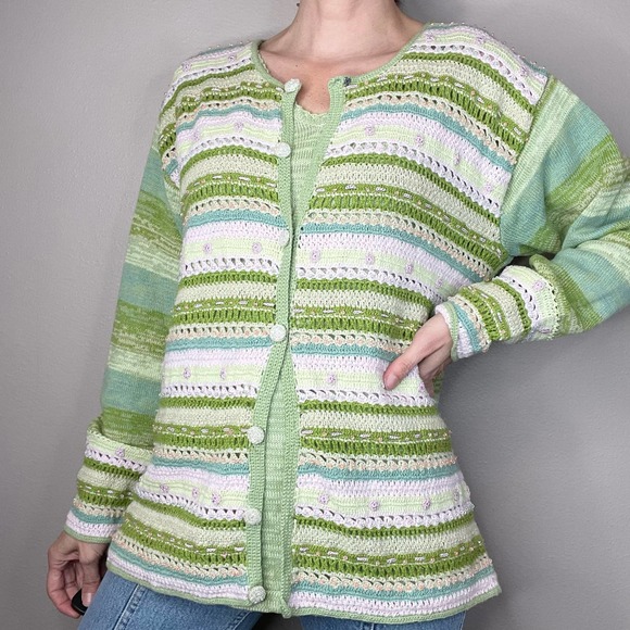 Storybook Knits Sweaters - Storybook Knits Tranquility twin set beaded crochet knit cardigan sweater green